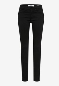 Zwarte slim-fit damesjeans met knoop aan de voorkant, ritssluiting en vijfzakkenontwerp, getoond op een witte achtergrond.