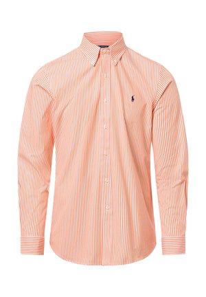 Heren overhemd met lange mouwen, knoopsluiting en oranje en witte verticale strepen, met een geknoopte kraag en een klein geborduurd logo op de borst.