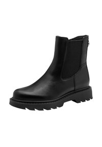 Mustad mustad Chelsea saapad elastsete külgpaneelidega, paksu kummitallaga, ümar toe ja äärtes õmblusdetailidega.