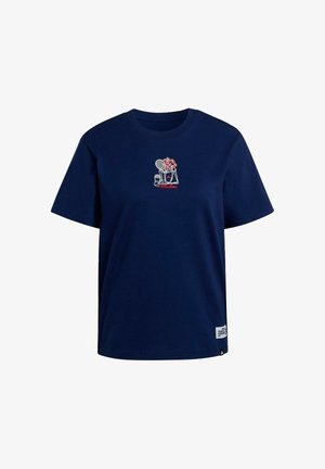 Navy blue cotton t-shirt features short sleeves and a crew neck, with a red and white embroidered graphic on the front. Tag at bottom left side.