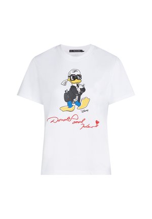 White cotton t-shirt featuring a colorful cartoon illustration of a duck in a suit with sunglasses, and red text reading "Donald and Karl."