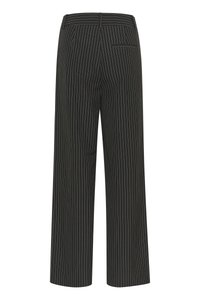 Pantaloni neri a gamba larga con righe bianche, presentano una vita alta, tasca posteriore e una trama di tessuto liscia.