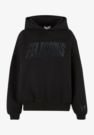 Black hooded sweatshirt with "FELICIOUS" in rhinestones across the front. Ribbed cuffs and hem, with a decorative butterfly design on the sleeve.