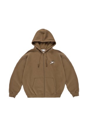 Brązowa bluza z kapturem na pełny zamek błyskawiczny, kaptur ze sznurkiem, przednie kieszenie, ściągacze i mały biały nadruk na lewej piersi.