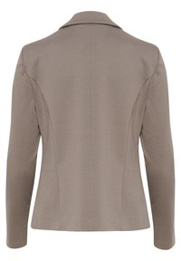 Veste à manches longues couleur taupe vue de dos avec un petit col et des coutures ajustées pour la mise en forme.
