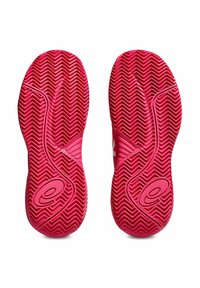 Scarpe sportive, suole in gomma di un vivido rosa, con motivo a zigzag e forma arrotondata. Logo ben visibile sul bordo esterno.