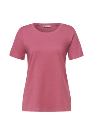 T-shirt manches courtes femme de couleur rose poussiére, unie, avec col rond, ourlet droit et étiquette de la marque Street One à l’intérieur du col.