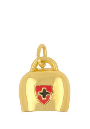 Goldener Metallanhänger in Form einer Kuhglocke mit einem roten und schwarzen Schweizerkreuz-Emblem auf der Vorderseite, befestigt an einer Schlaufe zum Aufhängen.