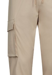 Beige cargopants van een gladde stof, met een zijzak, een elastische tailleband met trekkoord en een recht model.