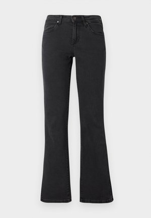 Mustad kõrge vöökohaga teksapüksid, millel on laiendatud sääred, ees käevärgi sulgemine ja viie taskuga stiil lihtsal taustal.