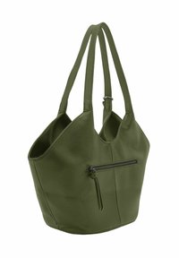 Sac fourre-tout en cuir vert olive avec deux poignées pour les épaules et une poche zippée à l'avant avec tirette en cuir.