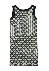 Abito canotta bianco e nero con motivo geometrico ripetuto, scollatura e fori per le braccia a costine, design aderente, lunghezza al ginocchio.