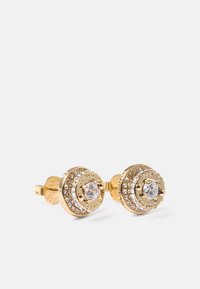 Gullfargede øredobber med sirkulært studddesign, prydet med en sentral klar edelsten og omkranset av rhinestones for ekstra glans.