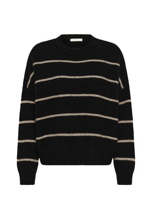 Črni pulover z vodoravnimi bež črtami. Mehak, teksturiran material, krožni izrez, spuščena ramena ter rebrasti manšeti in rob.