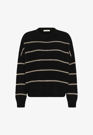 Črni pulover z vodoravnimi bež črtami. Mehak, teksturiran material, krožni izrez, spuščena ramena ter rebrasti manšeti in rob.