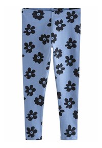 Blå leggings gjorda av stretchigt tyg, med ett svart blommönster som har blad och cirkulära centrum, designade för komfort och flexibilitet.