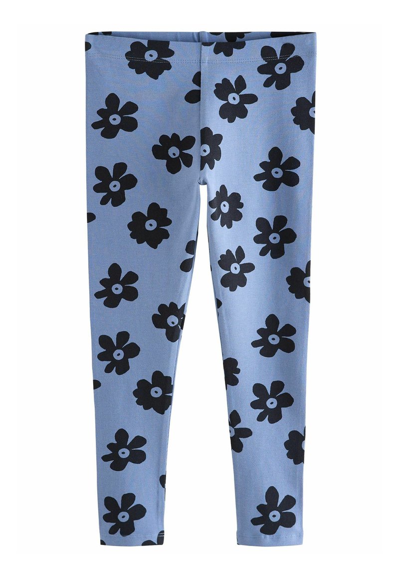 Blå leggings gjorda av stretchigt tyg, med ett svart blommönster som har blad och cirkulära centrum, designade för komfort och flexibilitet.