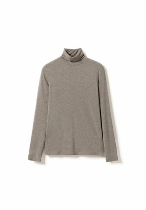 Grijze coltrui van zacht, lichtgewicht materiaal. Beschikt over lange mouwen, een aansluitende pasvorm en een hoge kraag voor extra bedekking.