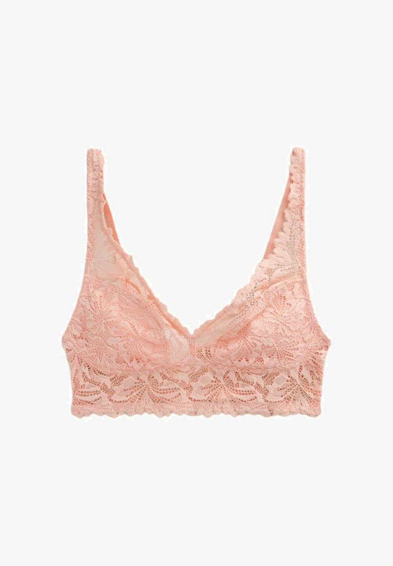 Soutien-gorge bralette en dentelle rose pâle avec des motifs floraux, des bretelles fines et un bord festonné le long de la bande et du décolleté.