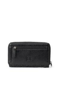 Musta nahkalompakko, jossa on vetoketjusuljenta, ja jonka alaosassa on teksturoitu kudottu kuvio ja kohokuvioitu brändilogo edessä.