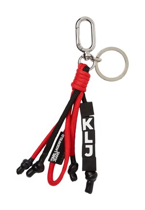 Porte-clés avec mousqueton en métal et anneau, comportant des cordons rouges et noirs avec des perles noires et des blocs noirs formant "KLJ", étiqueté "Karl Lagerfeld Jeans".