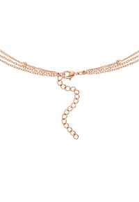 Collana multi-strato in oro rosa con catene delicate, accenti a sfera e chiusura a moschettone con catena regolabile.