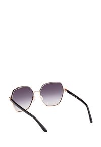 Gafas de sol hexagonales con lentes graduados en púrpura, montura metálica dorada y negra, que cuentan con almohadillas nasales transparentes y brazos de lentes negros.