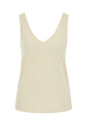 Camiseta sin mangas de punto color crema con escote en V y un sutil patrón de zigzag en toda la tela.