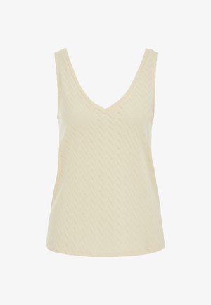 Camiseta sin mangas de punto color crema con escote en V y un sutil patrón de zigzag en toda la tela.