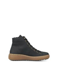Baskets montantes noires avec une tige texturée noire, œillets dorés et une semelle en caoutchouc brun. Elles disposent d'un col rembourré et d'un système de laçage.