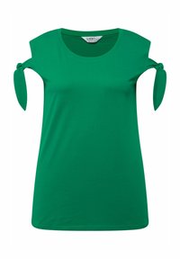 Groene t-shirt van zachte stof, met korte mouwen en een strikdetail op de schouders, en een ronde halsafwerking.
