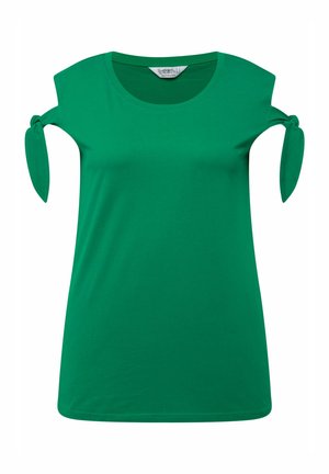 Groene t-shirt van zachte stof, met korte mouwen en een strikdetail op de schouders, en een ronde halsafwerking.