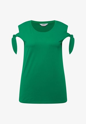T-shirt vert en tissu doux, avec des manches courtes ornées de liens aux épaules et un col rond.