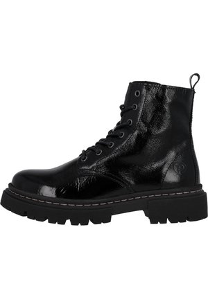Black ankle boots made of shiny patent leather, featuring a sturdy textured sole, lace-up design, and a pull tab at the back.