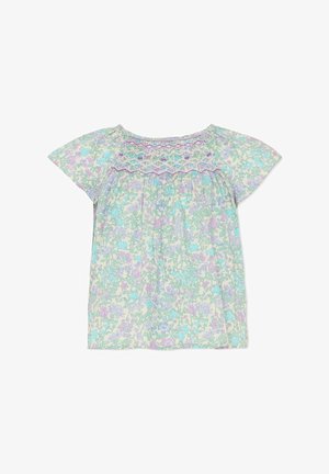 Top con stampa floreale dai colori pastello verde, blu e lavanda, con maniche corte a sbuffo e dettaglio arricciato intorno allo scollo.