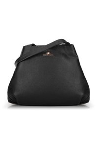 Borsa a tracolla in pelle nera con superficie testurizzata, dotata di una sola tracolla, corpo spazioso e un sottile logo dorato sulla parte anteriore.