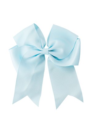 Light blue ribbon bow made of ribbed material, featuring two wide tails and a central knot. The texture is smooth with a glossy finish.