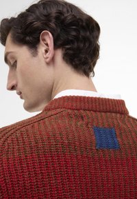 Roter und grüner strukturierter Strickpullover mit einem blauen Patch auf dem Rücken, Rundhalsausschnitt und geripptem Kragen, entworfen für eine enganliegende Passform.