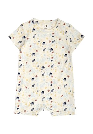 Kortærmet babybody med undervandstema-print, der viser vandmænd, søstjerner, tang og små havdyr på cremefarvet stof.