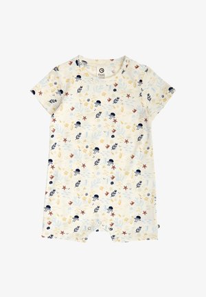 Baby-Strampler mit kurzen Ärmeln und Unterwasser-Motivdruck mit Quallen, Seesternen, Seegras und kleinen Meeresbewohnern auf cremefarbenem Stoff.