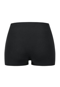 Schwarze hochgeschnittene Shorts aus einem glatten, dehnbaren Stoff. Sie besitzen ein schlichtes Design mit einem flachen Bund und ohne sichtbare Nähte.