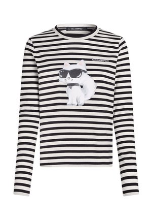 Chemise à manches longues rayée horizontale noir et blanc avec un graphique d’un chat blanc portant des lunettes de soleil noires et le texte KARL LAGERFELD sur la poitrine.