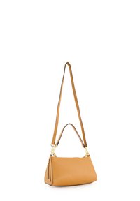 Lederhandtasche in Tan mit strukturiertem Finish, ausgestattet mit einem kurzen Griff und einem abnehmbaren Schulterriemen. Goldfarbene Hardware-Akzente.