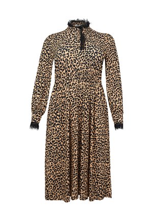 Langärmliges Midi-Kleid im Leopardenmuster mit elastischem Taillenbund, hohem Hals und schwarzer Spitzenverzierung am Kragen, an der vorderen Knopfleiste und an den Bündchen.