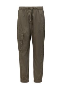 Khaki joggery wykonane z lekkiego materiału, z elastycznym pasem, regulowanym sznurkiem oraz boczną kieszenią typu cargo.