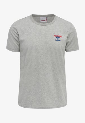 Grijze katoenen t-shirt met een ronde hals, voorzien van een klein rood en blauw 'hummel' logo op de linkerkant van de borst. Korte mouwen en een standaard pasvorm.