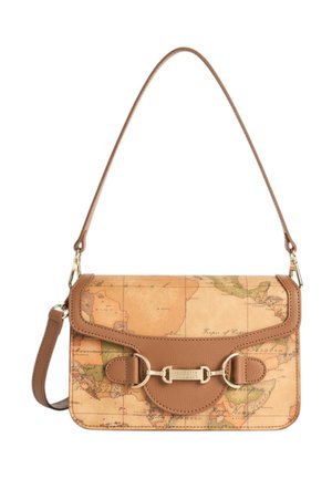 Borsa a tracolla in pelle marrone con stampa mappa del mondo, chiusura con ferramenta dorata e tracolla removibile.