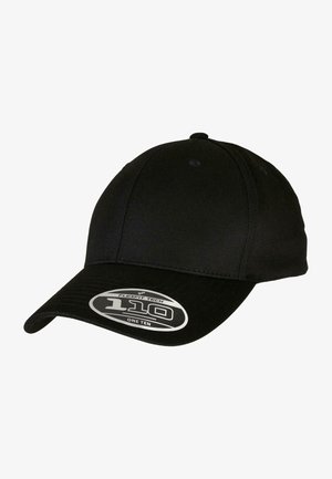 Black baseball cap with a curved visor, made from textured fabric. Features a label displaying "Flexfit Tech 110" on the front.