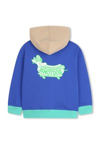 Felpa blu con cappuccio beige. Presenta una grafica verde di un hotdog con il volto di un bassotto e il testo "#NOTDOG". Maniche a coste di colore verde menta.