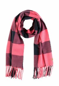 Rosa und dunkelblaue karierte Schal aus weichem Material, mit fransenförmigen Enden und einem kleinen Markenetikett.